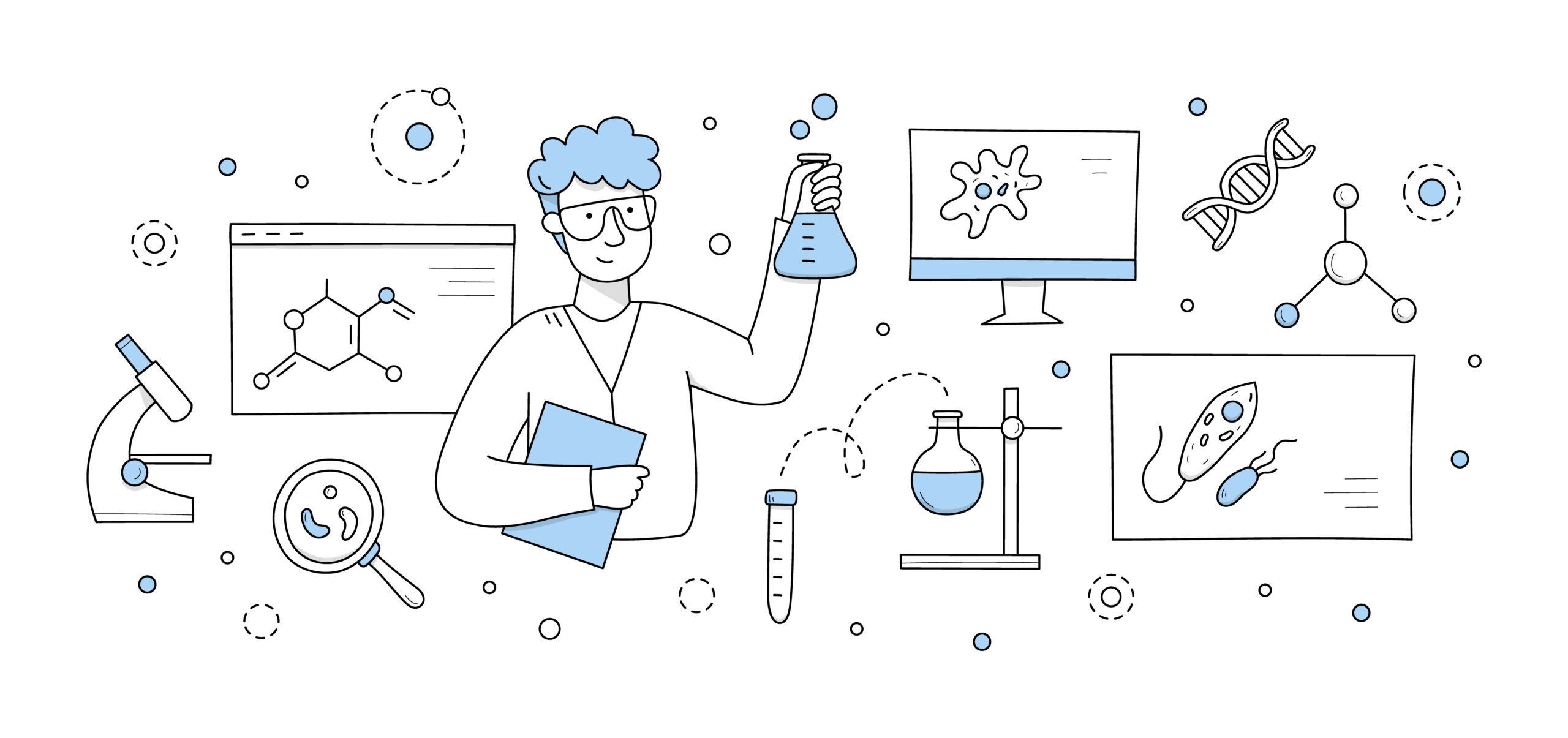 Ilustración de un científico rodeado de elementos de laboratorio y biotecnología como microscopio, ADN y ordenadores